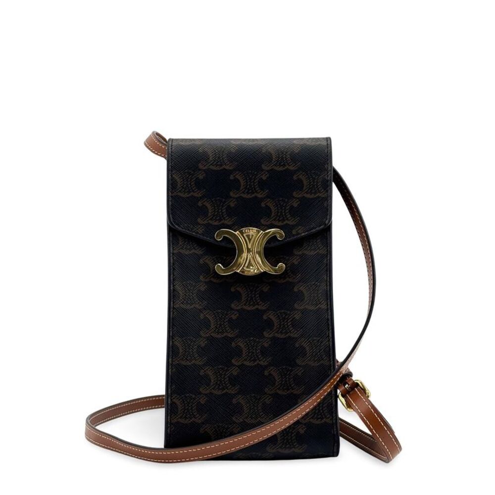 Celine Triomphe Canvas Calfskin Phone Pouch Tan